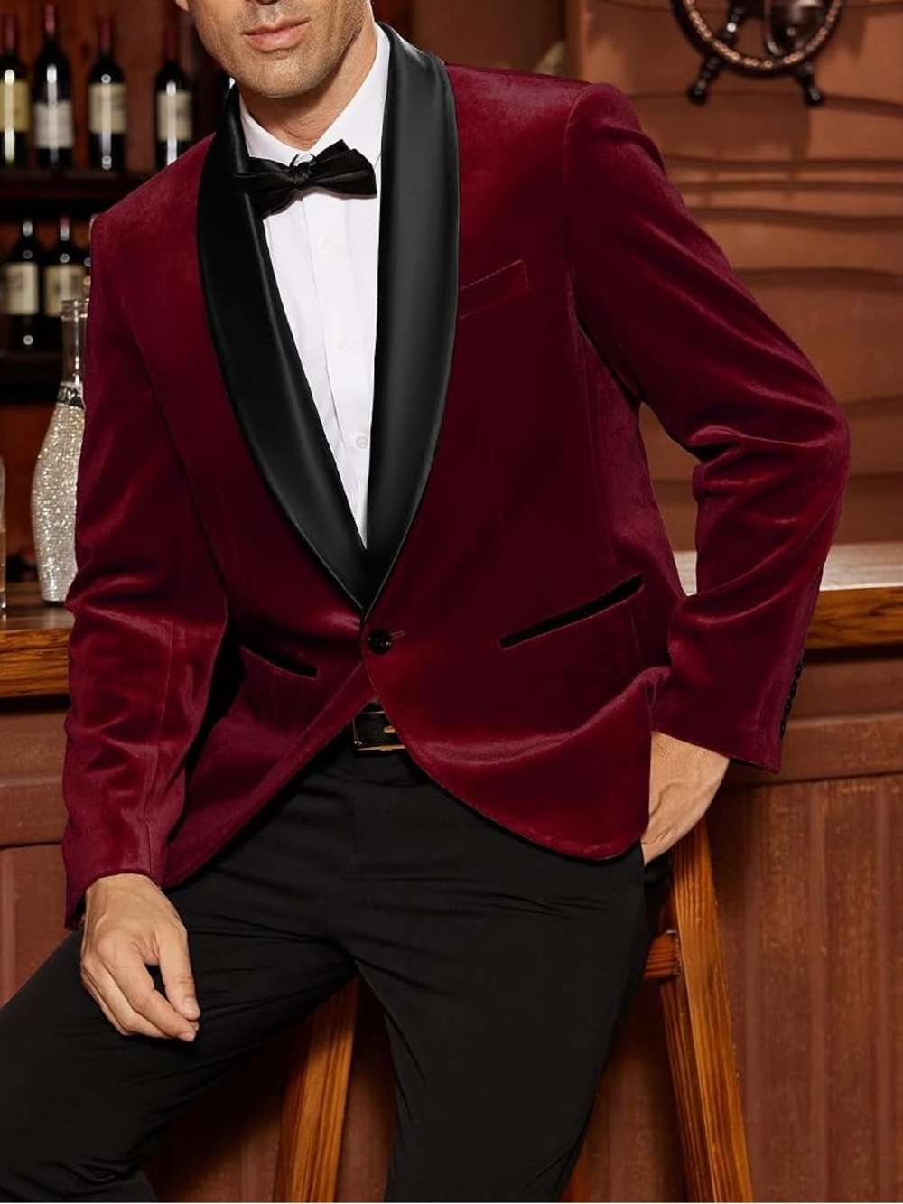 Grace Karin Mens Burgundy Velvet Tuxedo Blazer with Black Satin Lapel